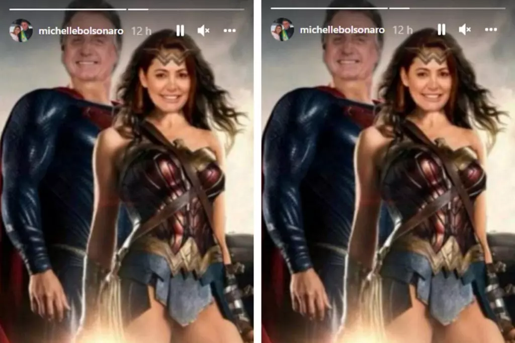 Michelle Bolsonaro surge de Mulher-Maravilha ao lado de Bolsonaro como Super-Homem