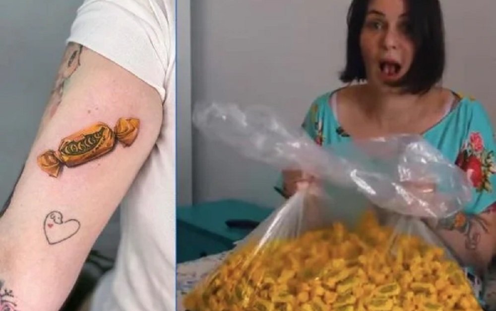 Mulher que tatuou Caribe ganha 10 kg do bombom: ‘Não esperava tanto’