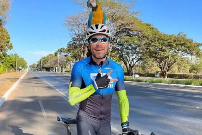 arrara pousa no capacete do ciclista
