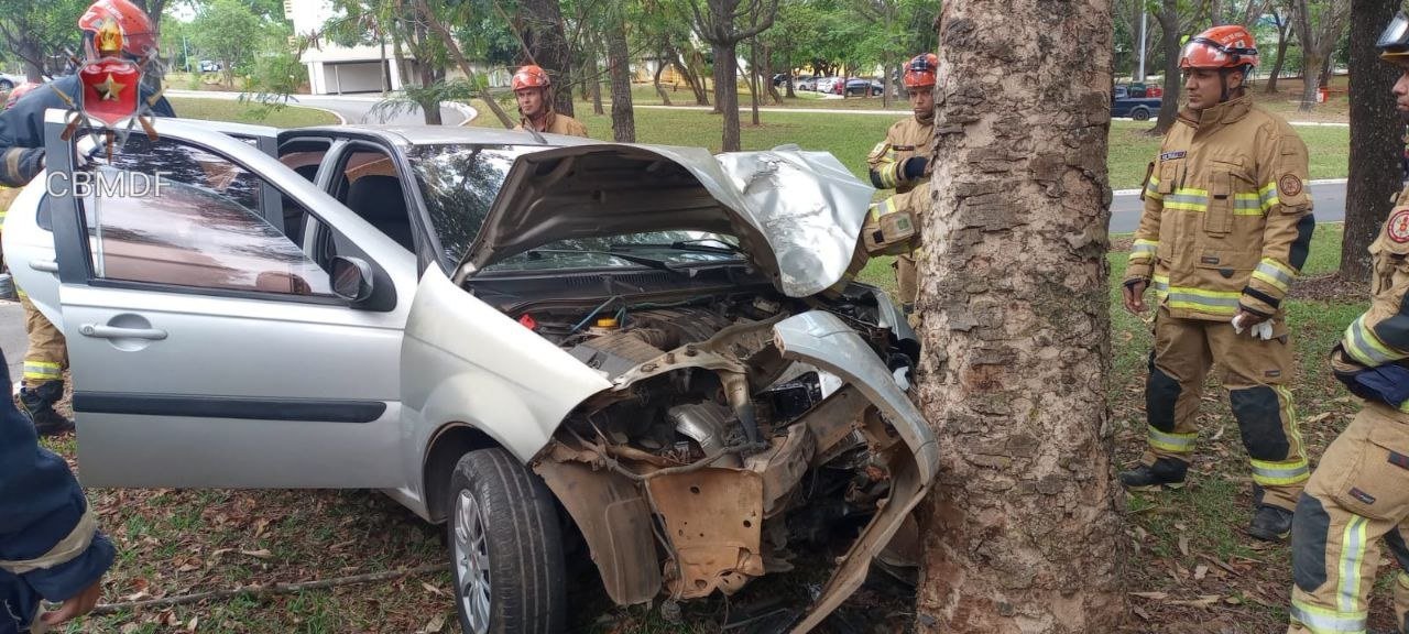 Vídeo: carro bate em árvore e tem risco de incêndio na Asa Norte
