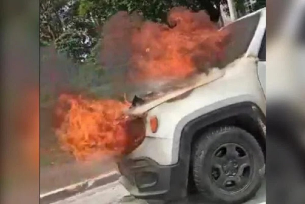 Vídeo: carro pega fogo em frente ao Parque da Cidade