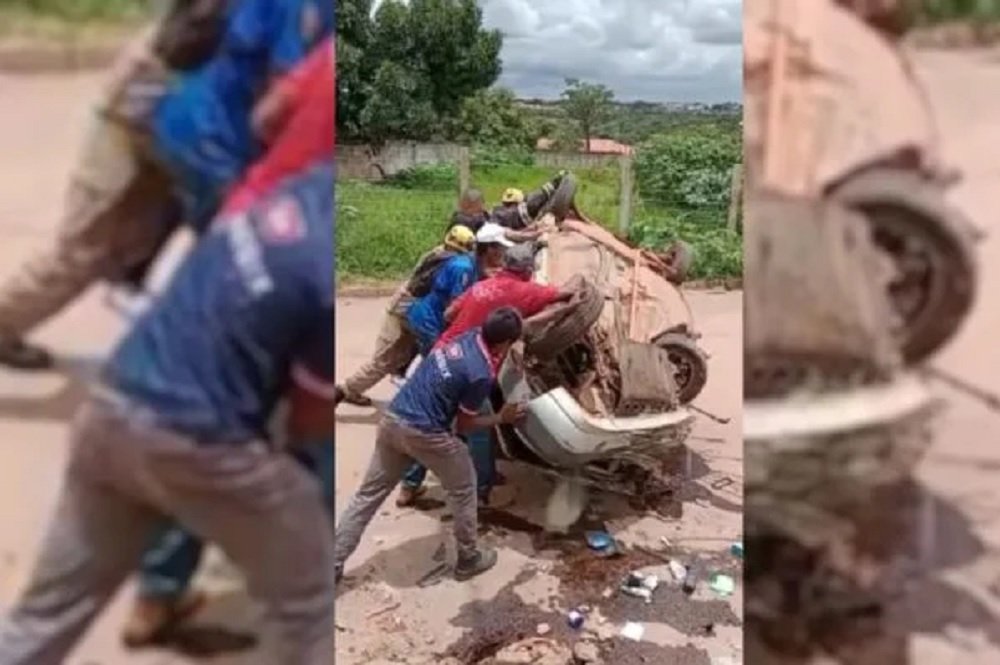 garota escapa por um triz de ser atingida por carro que capotou