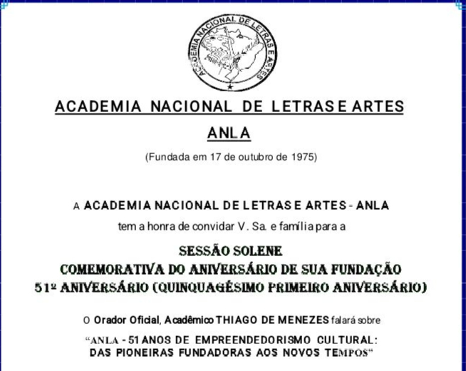 ANLA comemora 51 anos de fundação com palestra de Thiago de Menezes